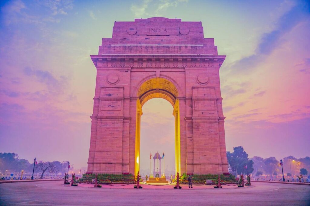 The India Gate, a massive stone arch monument in New Delhi